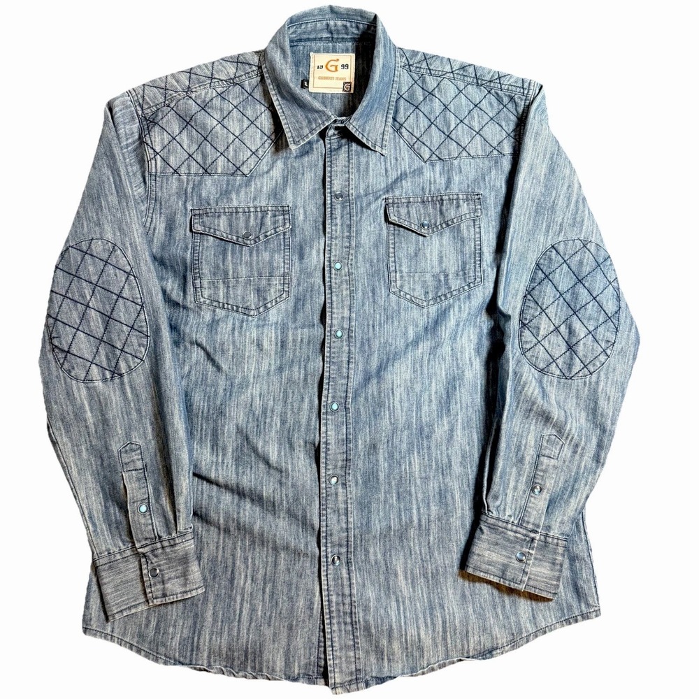 Gioberti Jeans Mens XL Shirt Blue Denim Western Pearl Snap Cowboy Elbow Patches